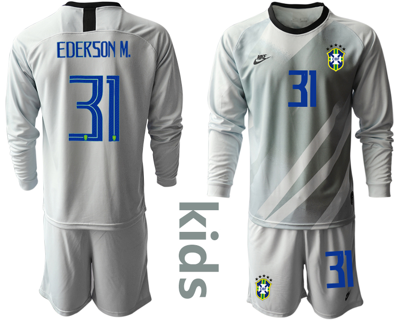 Cheap Youth 2020-2021 Season National team Brazil goalkeeper Long sleeve grey 31 Soccer Jersey